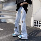 Мужские и женские прямые джинсы с вышивкой крестом, широкие мешковатые брюки-клеш в стиле хип-хоп, 2021