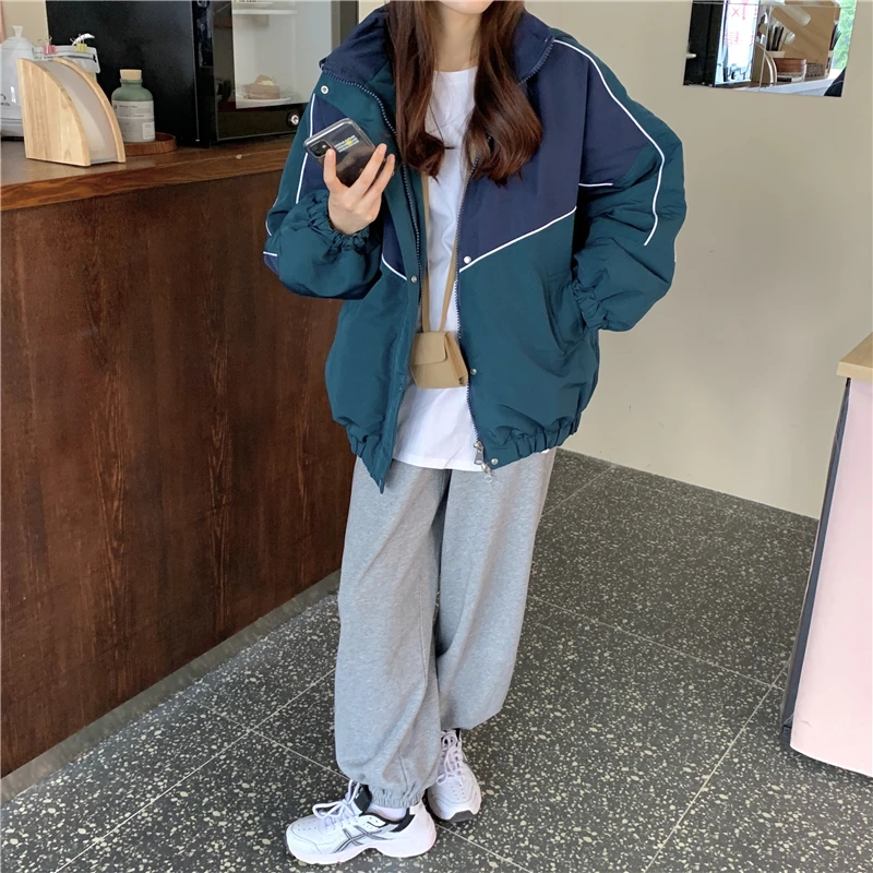 

Autumn Winter Patchwork Fashion Preppy Style Women Jacket Kawaii Sweet Loose Full Sleeve Cap Thicken Casual Ladies Jacket Female