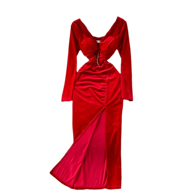 

Женское бархатное длинное платье вечерние V-образным вырезом и длинным рукавом