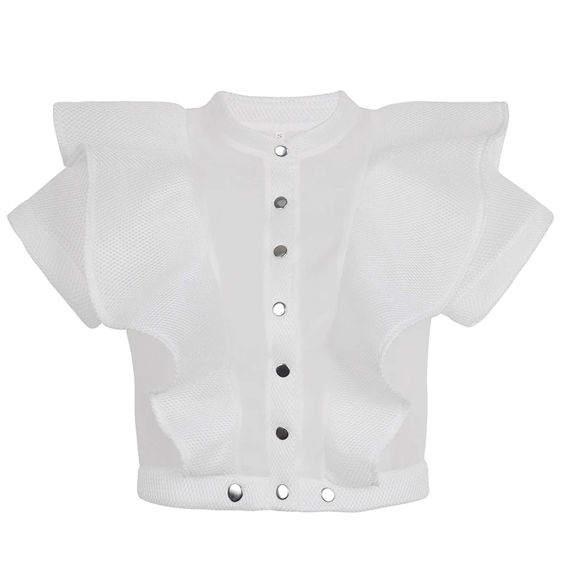 

Stand-up collar net yarn all-match slim-fit blouse top, 2021NEW summer round neck ruffled stitching button short-sleeved T-shirt