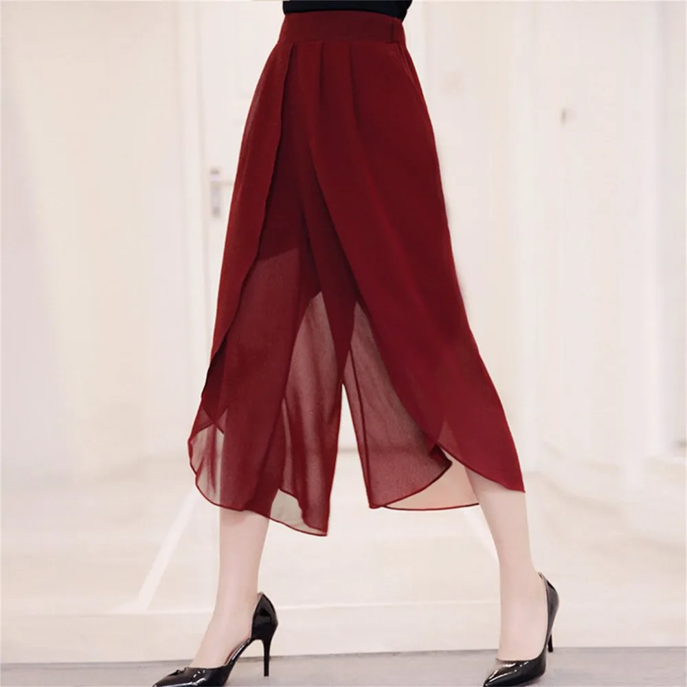 Однотонные шифоновые широкие брюки для женщин с высокой талией тянущиеся