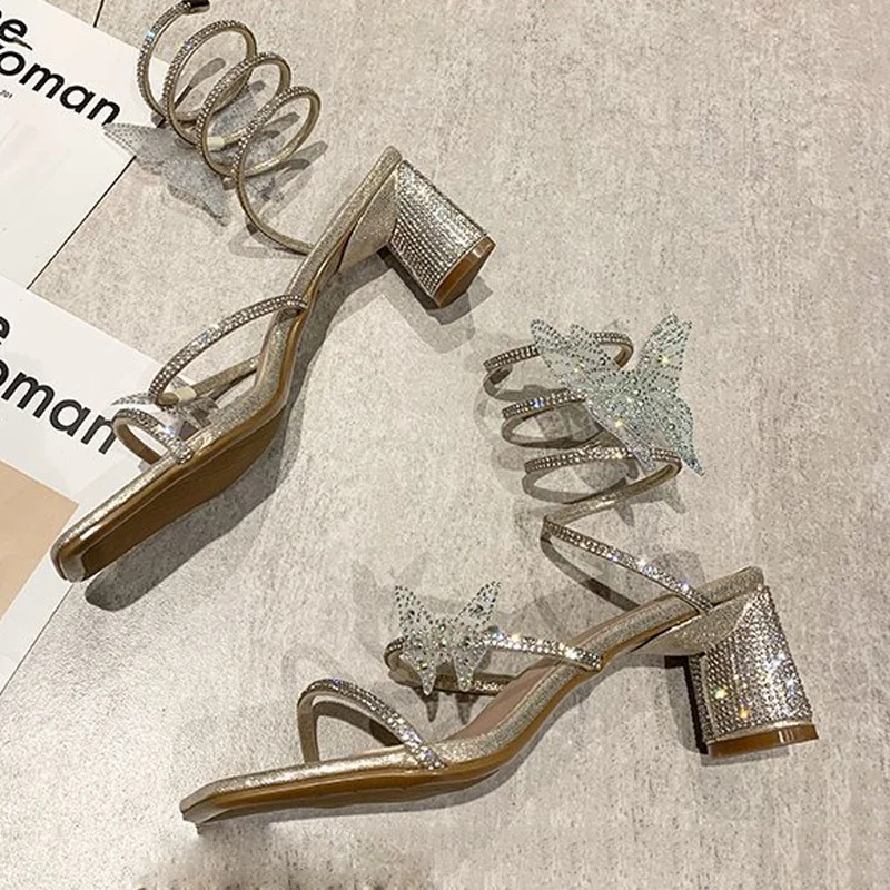

Women's Sandals 2021 Rhinestone Pumps Shoes Comfortable Square Heel Ladies Sexy High Heels Butterfly-knot Crystal Shoes on Heels
