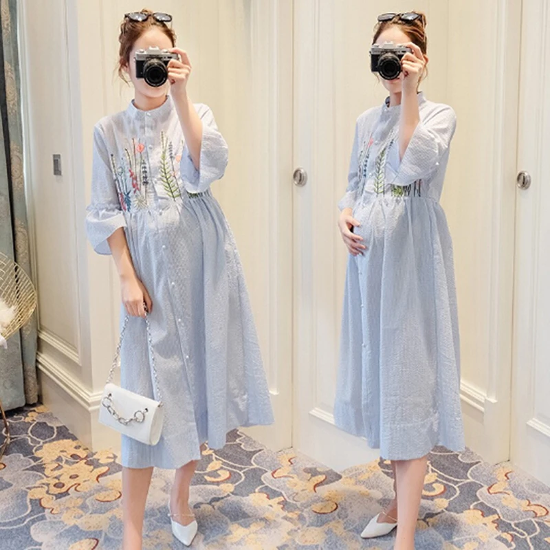 

Pregnant Women Dress Long Sleeve Casual Striped Embroidered Maternity Top Dress