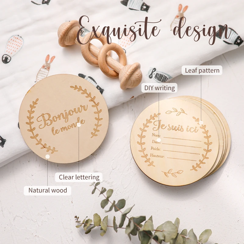 Bopoobo Baby Wooden Spanish French Milestone Card Engraved Wooden Hello World Milestone Newborn Children Photography Props Toys
