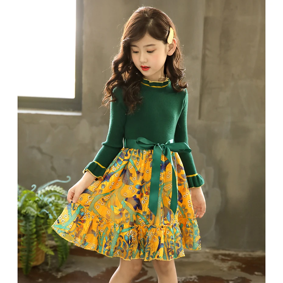 Girl Dress Party Floral Pattern Girls Knitted Dresses Casual Children Sweater Autumn Winter Christmas Clothes For | Детская одежда и