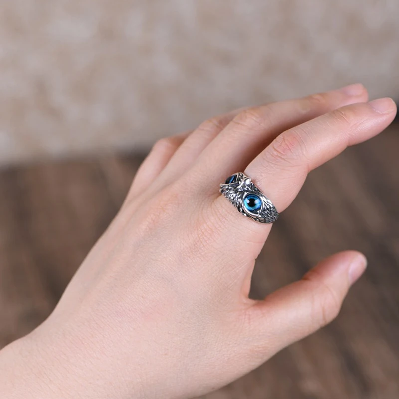 

Gothic Fashion Hip Hop Retro Exaggerated Animal Blue Eyes Owl Opening Men And Women Ring Jewelry Halloween Gift Adjustable