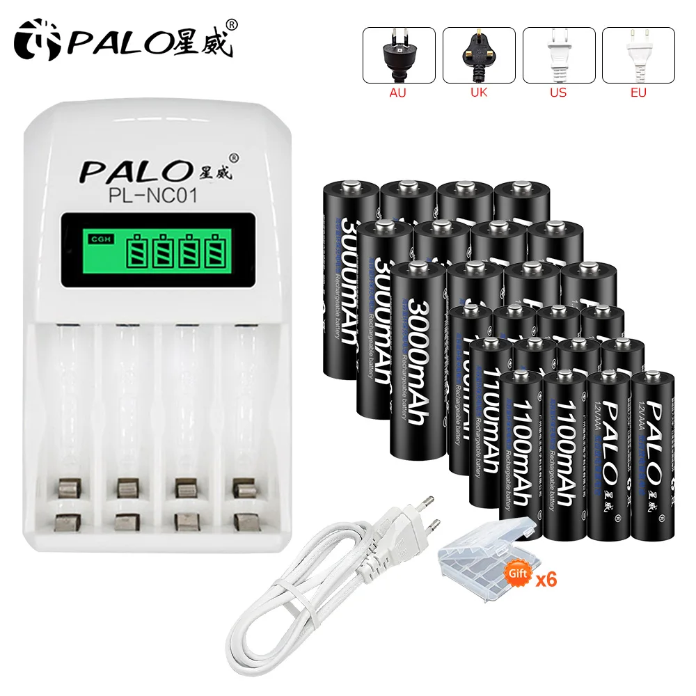 12-12 battery EU PALO 4шт. 1,2 В большой емкости батарейки АА 3000 мАч+ 4шт батарейки 1100 мАч АА / ААА 3А аккумуляторная батарея с подарочным чехлом - Цвет: 12-12 battery EU