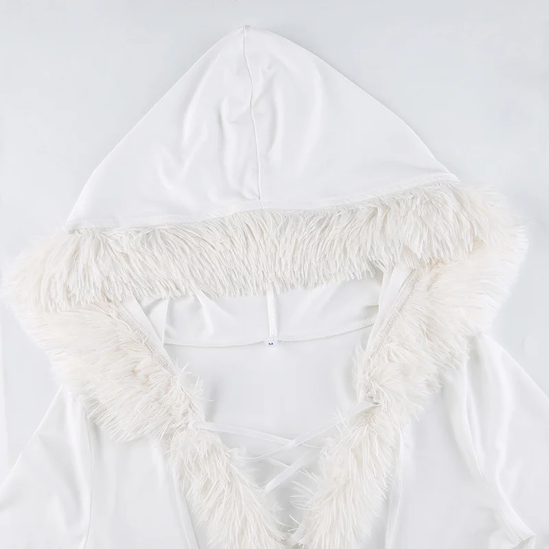 

Sexy White Bodycon Women Dress Furry Mini Dress V Neck Women Autumn Long Sleeve Hooded V Neck Y2K Short Party Dresses Streetwear