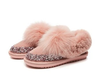 Pink JIANBUDAN женские зимние ботинки из плюша с пайетками Зимние Теплые ботильоны с лисьим мехом Мягкие плюшевые женские хлопчатобумажные туфли на плоской подошве 35-40 - Цвет: Pink