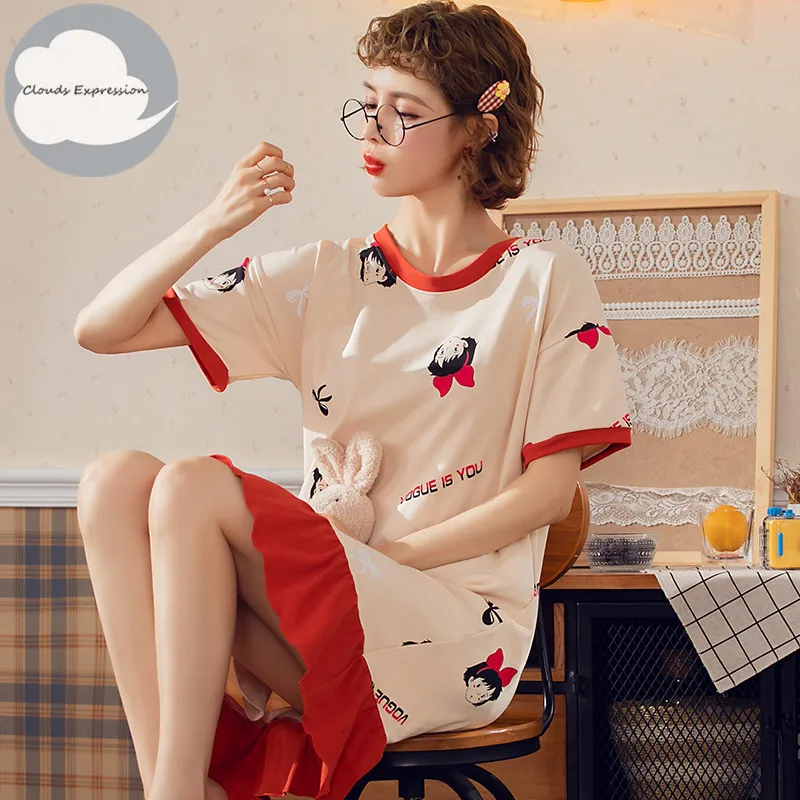 

Home Sleep Dress Summer Knitted Cotton O-neck Women Short Cartoon Sleepwear Girl Nightgowns Nightwear Nightdress Sleepwear