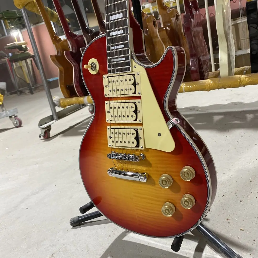 

Custom Electric Guitar Cherry Sunburst Color Tiger Maple Top Three Pickups Free Shipping