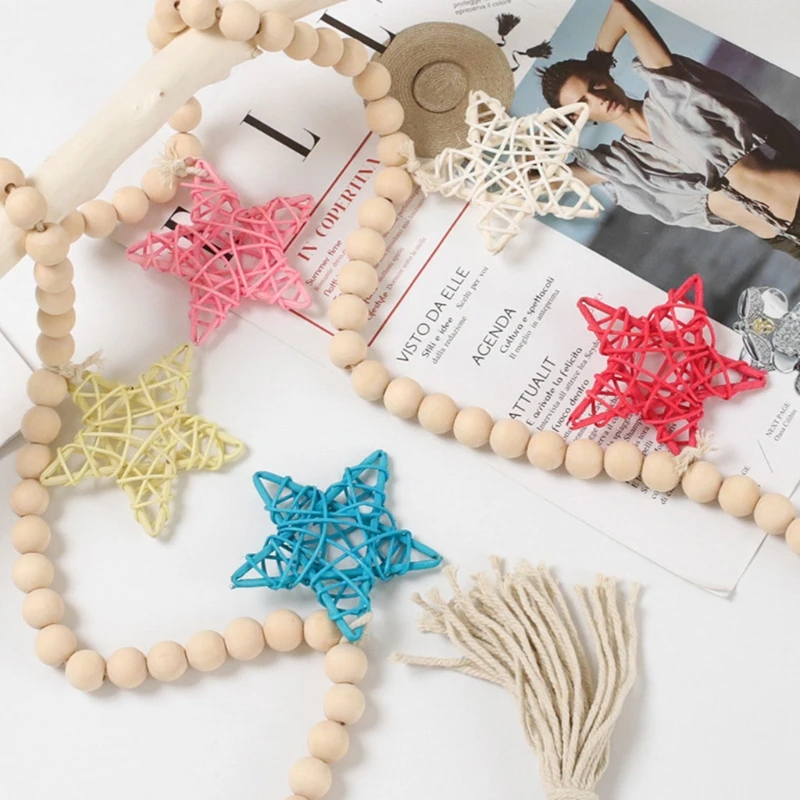 

2Pcs Pine Wood Bead Garland with Rattan Stars Cotton Tassel Farmhouse Wall Decor A2UB