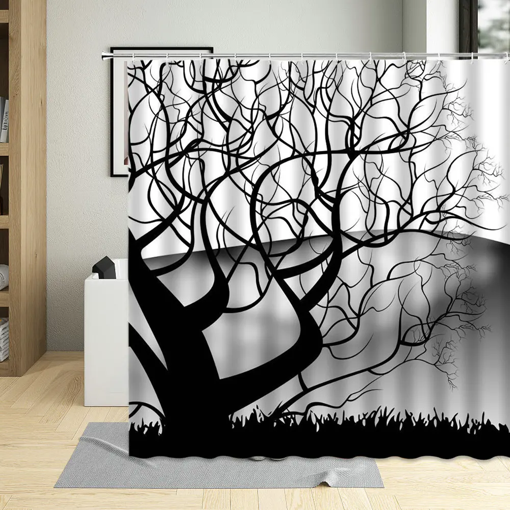 

Black White Tree Art Decor Bathroom Curtains Branch Leaves Trunk Pattern Waterproof Polyester Fabric Shower Curtain With 12 Hook