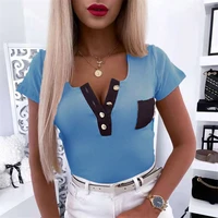 2022 women short sleeve button v neck t shirt top summer new patchwork solid slim casual tee pullover ladies elegant streetwear