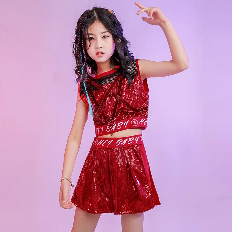 

Children's Jazz Costumes Girls' Sequined Navel Show Cool Dancing Dress Hip-hop Suit Summer Girls' Costumes
