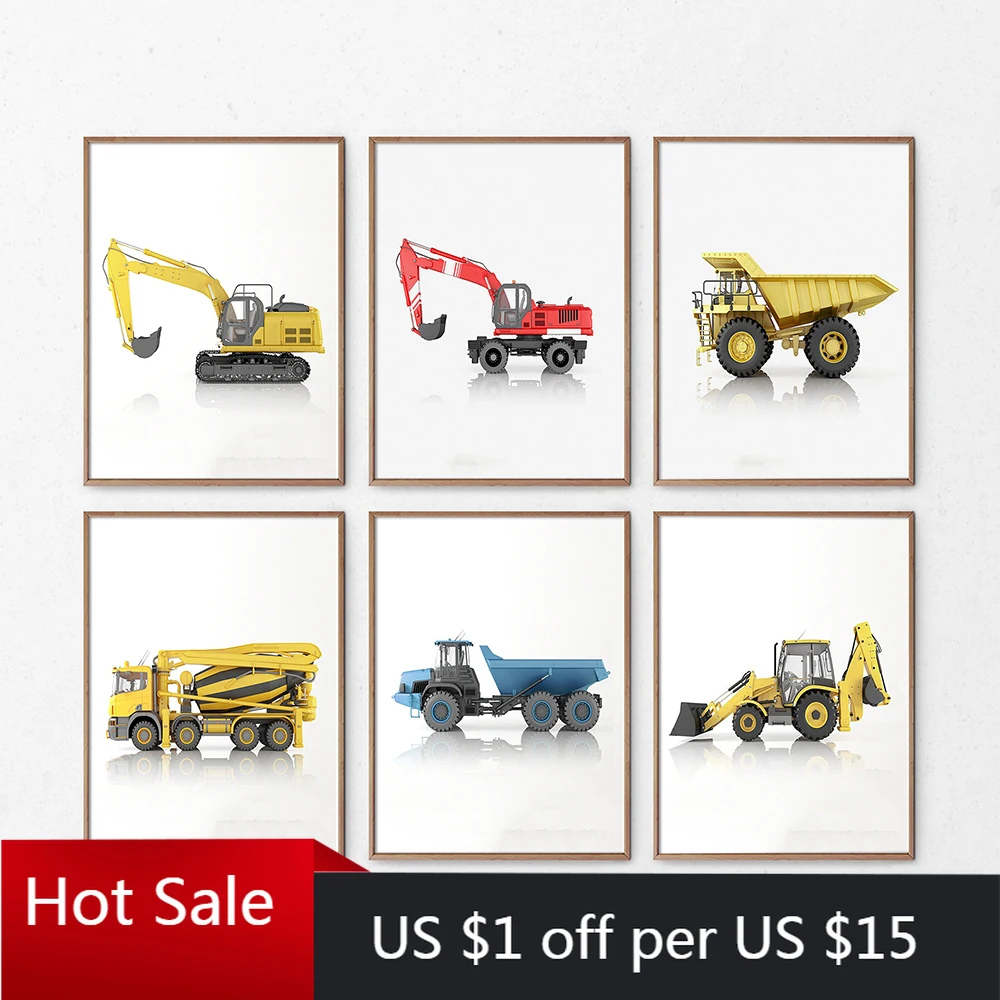 

Construction Vehicles Wall Art Canvas Painting Kids Room Decor Dump Truck Digger Bulldozer Posters Prints Nursery Boy Gift