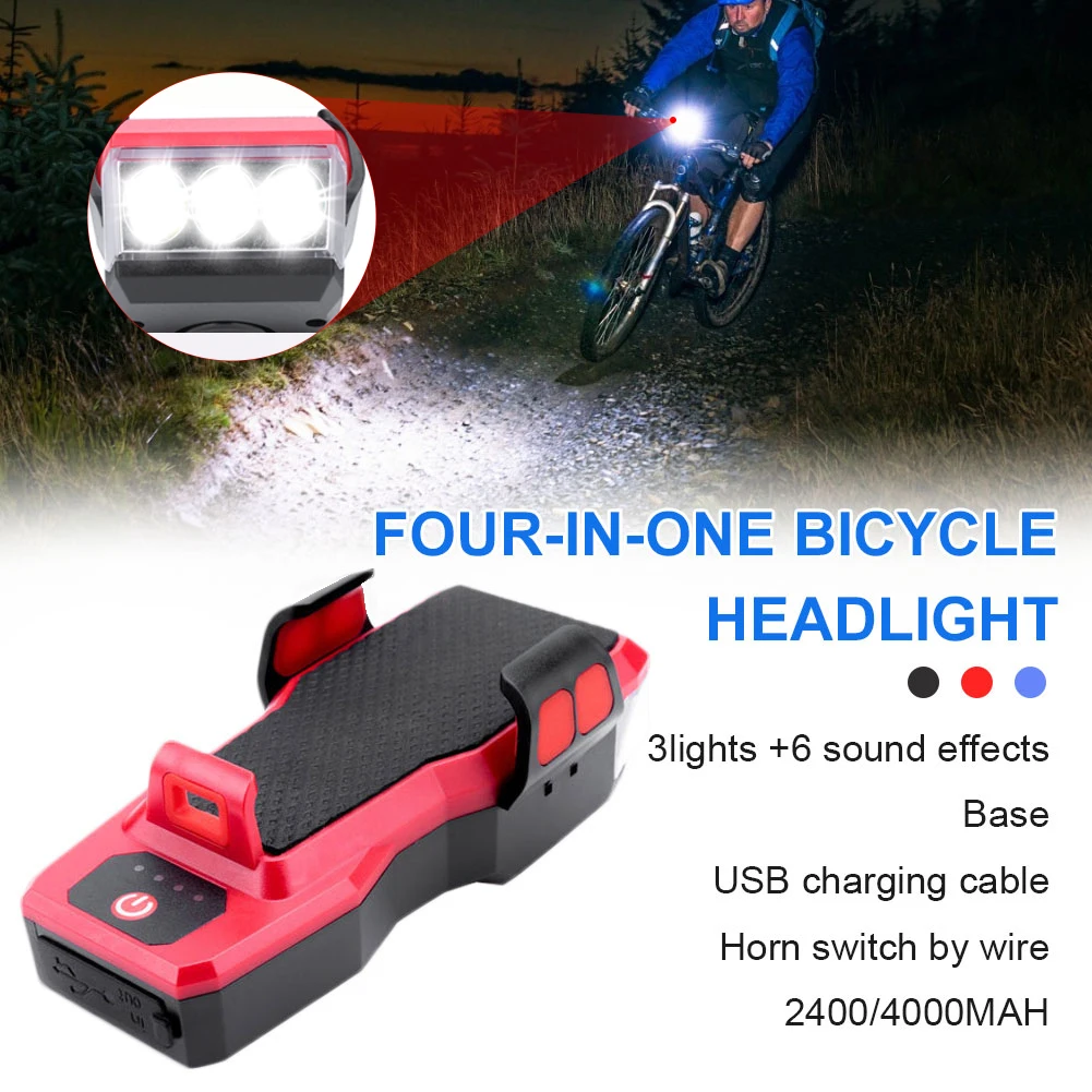 

4 in 1 Bicycle Headlight Rechargeable Mobile Power USB Bicycle LED Light 3 LED 2400/4000mah With Phone Holder And Bicycle Bell