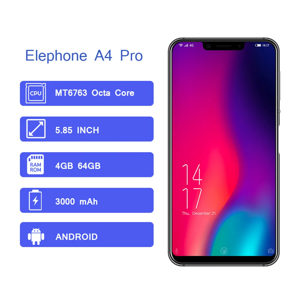 Elephone A4 Pro смартфон с восьмиядерным процессором MTK6763 ОЗУ 4 Гб ПЗУ 64 ГБ 16 МП 5 85 дюйма