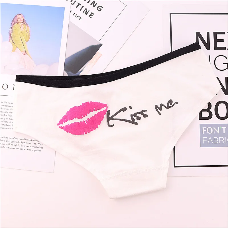white Новые модные женские модные сексуальные хлопковые трусики с принтом губ Kiss Me, трусы, трусики, нижнее белье - Цвет: white