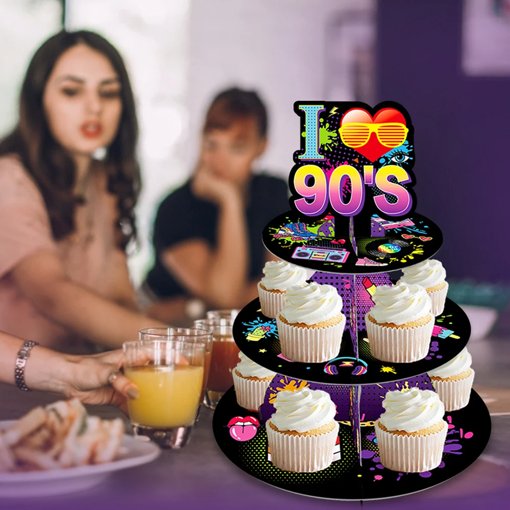 

3 Tier DIY Retro Back to the 90's Disco Music Party Cake Stand Birthday Party Cupcake Rack Display Stand Adults Game Decorations
