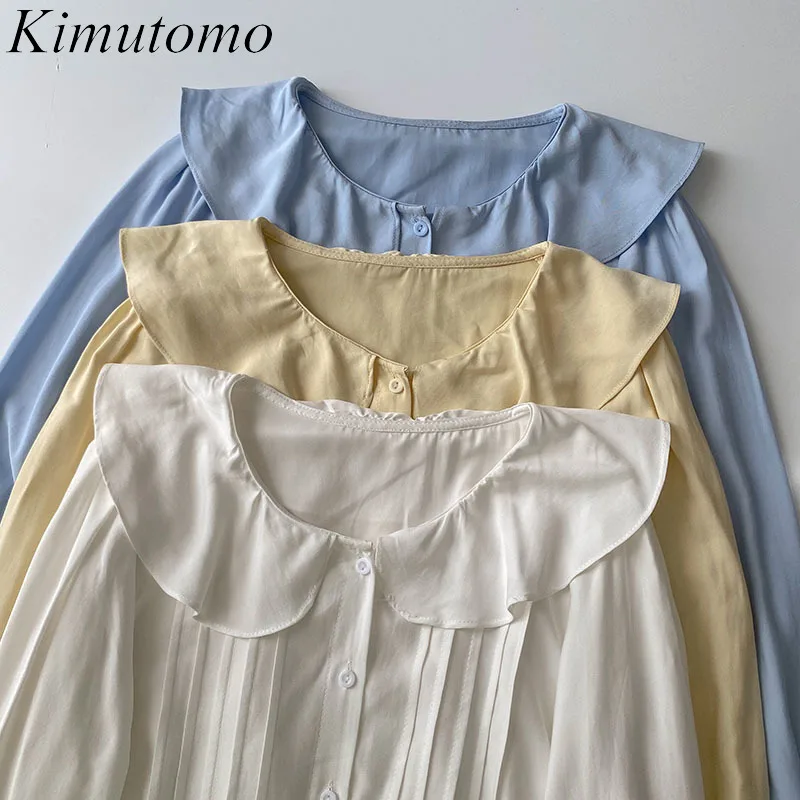 

Kimutomo Elegant Solid Blouse Women 2021 Spring New Clothing Female Fashion Turn-down Collar Long Sleeve Chic Tops Casual