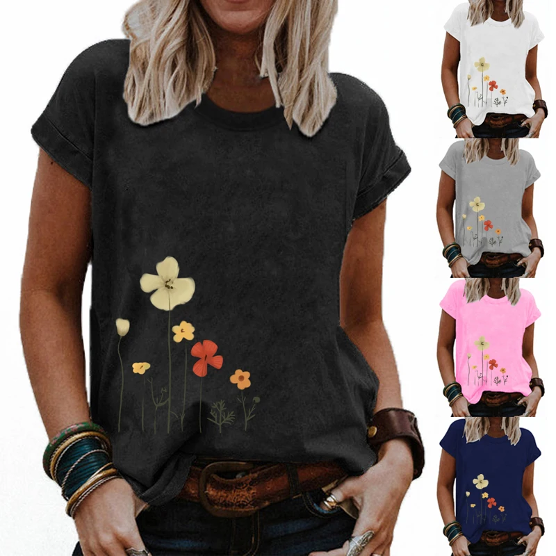 

2021 Spring And Summer Women's Printed Short Sleeve Tops Ladies Round Neck Button Casual Shirts Plus Size Cotton Blouse S-5XL