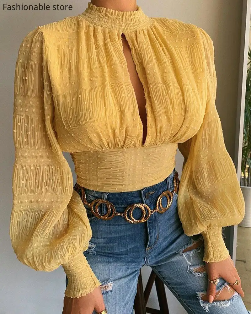 

Women Solid Color Lantern Sleeve Cut-out Open Back Long Sleeve Blouse
