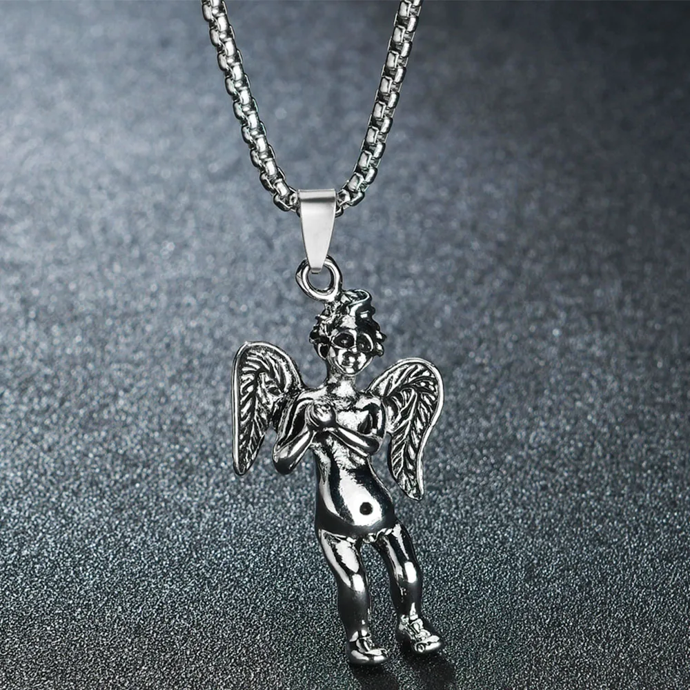 

New Trendy Punk Angel Cupid's Love Pendant Necklace For Men Women Stainless Steel Long Chain Retro Necklaces Jewelry Gift