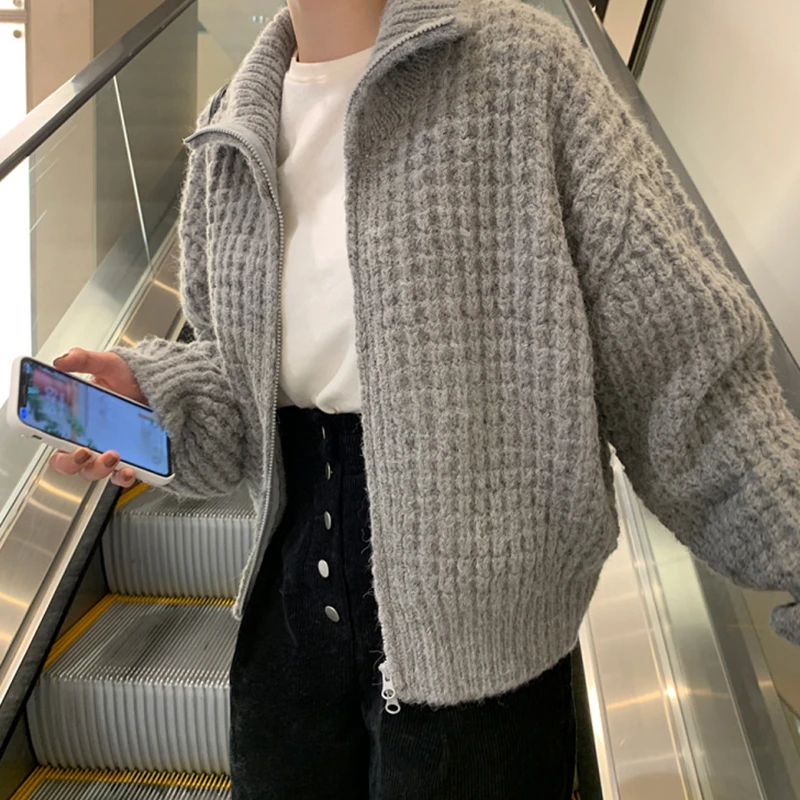 

New Zipper Sweater Woman Turtleneck Autumn Winter 2021 Khaki Chic Knitted Coat Korean Thick Coarse Yarn Jacket Female