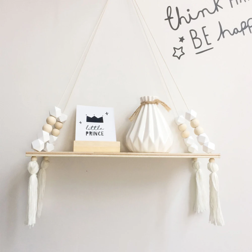 

Wooden Nordic Bedroom Style Hanging Premium Wood Swing Hanging Tassel Bead Storage Wall Shelf Nursery Kids