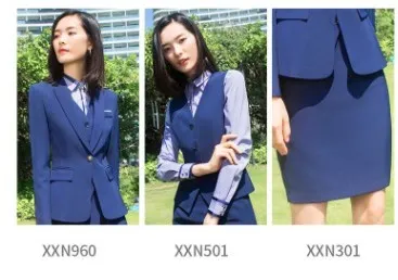 blue skirt suit Женский комплект из трех предметов, брючный костюм, офисный Женский блейзер+ жилет+ брюки, Женский костюм из 3 предметов, большой размер, черный, синий - Цвет: blue skirt suit