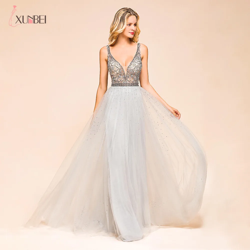 

New Long Prom Dresses V Neck Beads Crystal Formal Elegant Prom Dresses Vestidos De Fiesta De Noche
