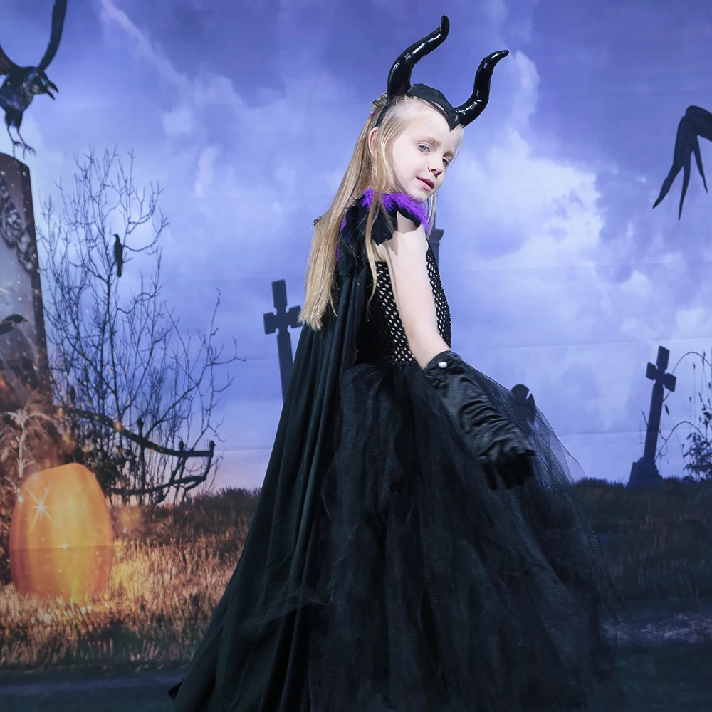 

Детское платье-пачка с черной ведьмой и плащом, готический костюм на Хэллоуин