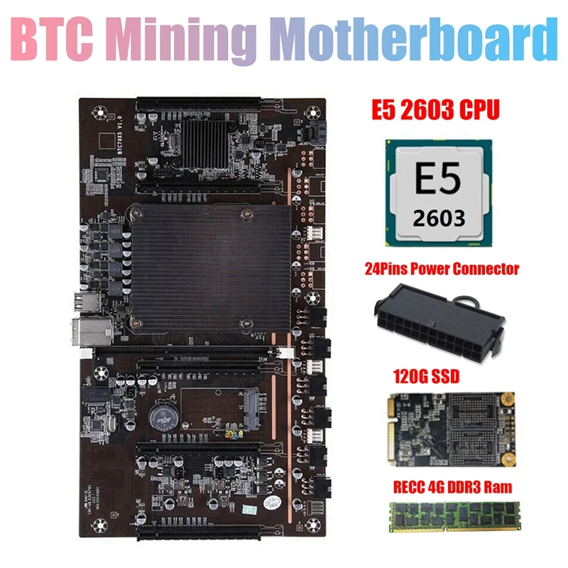 

X79 H61 BTC Miner Motherboard with E5 2603 CPU+RECC 4G DDR3 Ram+120G SSD+24 Pins Connector Support 3060 3070 3080 GPU
