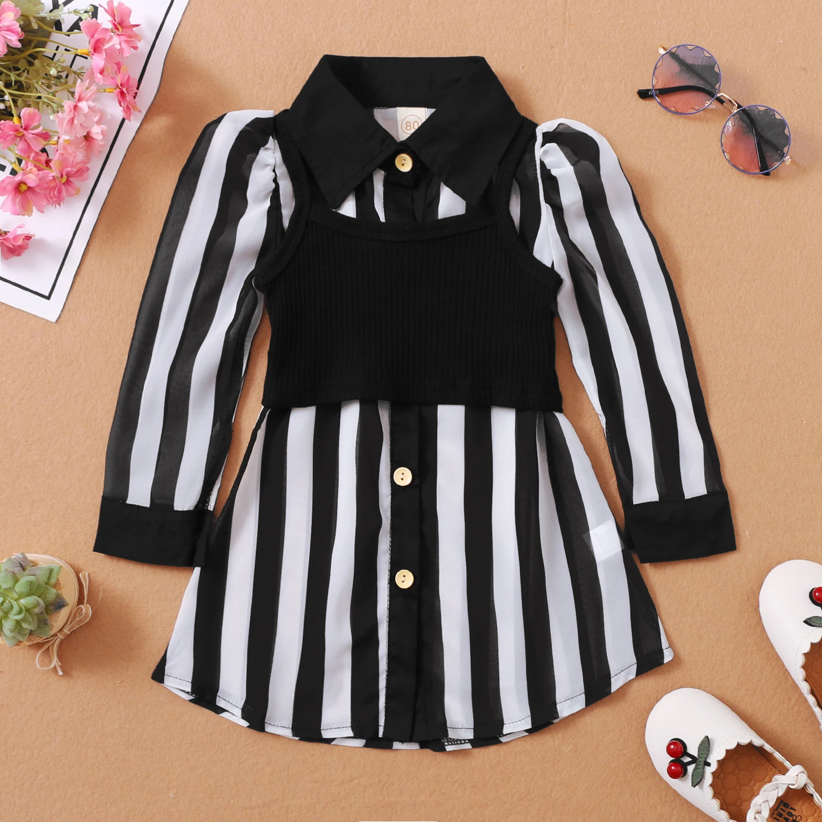 

Spring Fall Girl Children Long Sleeve Shirts Dress and Camisole Stripe Lapel Shirt Dress with Cropped Vest Trendy Clothing