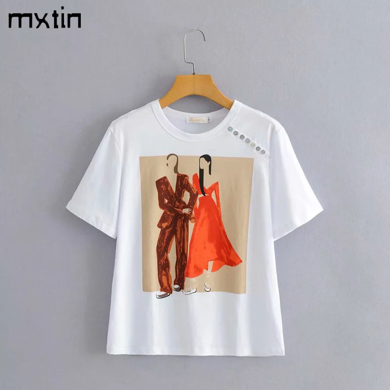 

MXTIN 2021 Women Summer Vintage People Print T Shirt Fashion O-Neck Short Sleeve Button Casual Tops Tees Female Harajuku T-Shirt