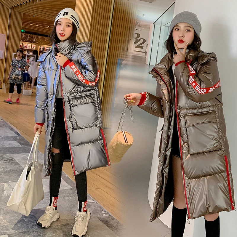 2019 New Special Metal Material Bright Hooded Jacket Women Winter Warm Coat Femal Padded Long Parkas Bomber Outfits Parka | Женская