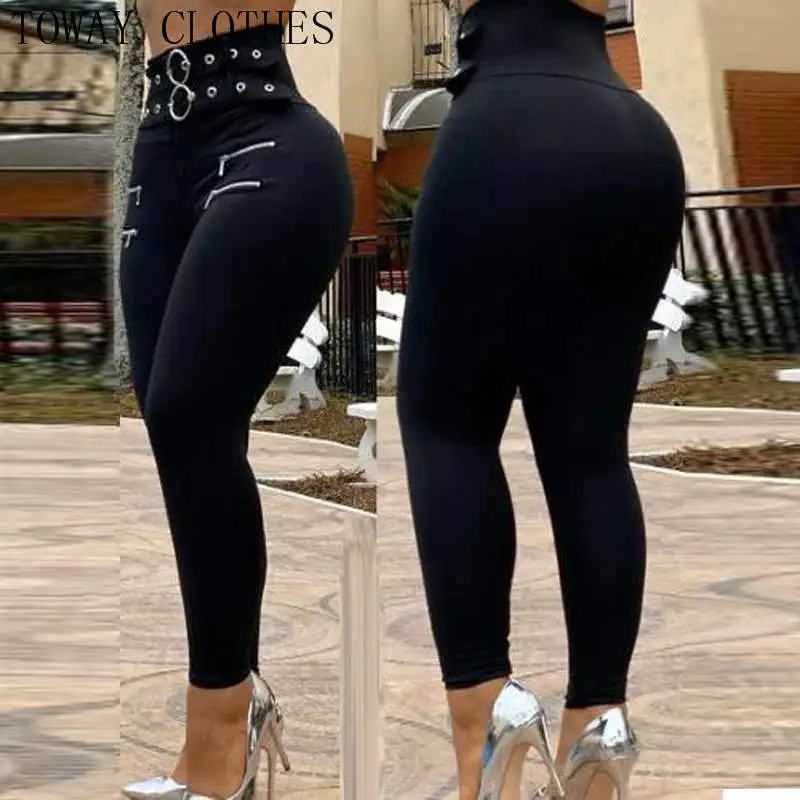 

Women Eyelet O Ring Zipper Design Skinny Pants Solid High Waist Casual Pants Fashion Pants With Belt