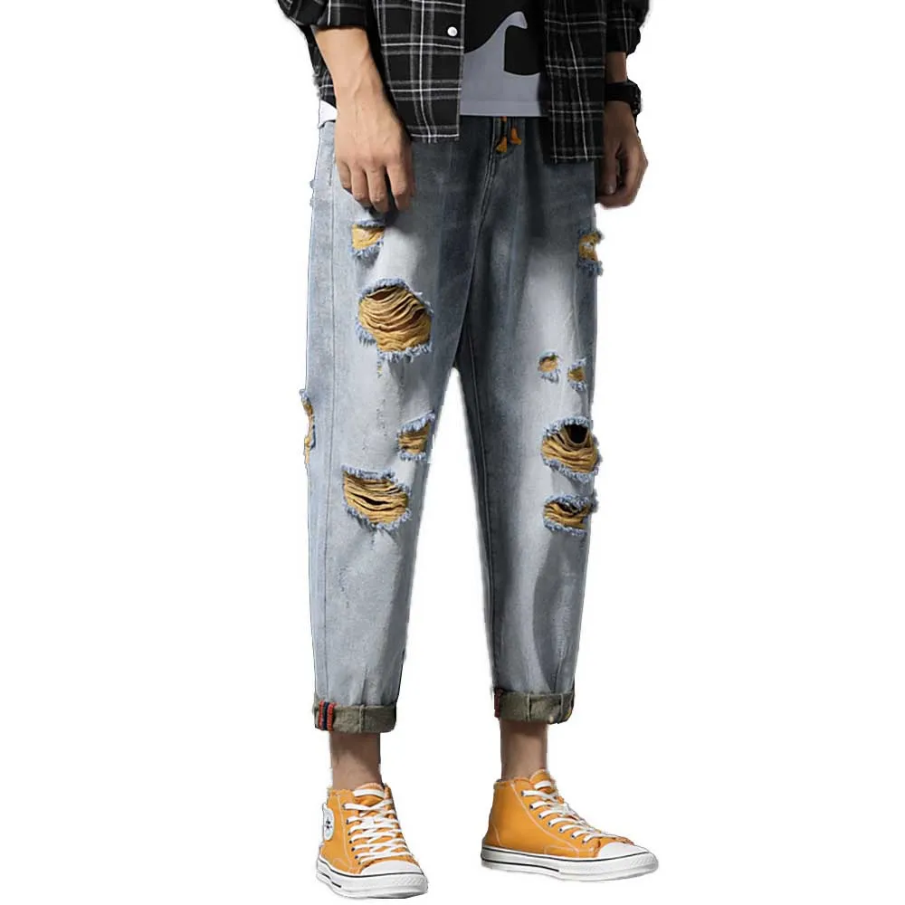 

Summer Ripped Jeans Men's Hole Harem Pants Calf-Length Cropped Drawstring Loose Baggy Hit Color Beggar Pants Casual Trousers