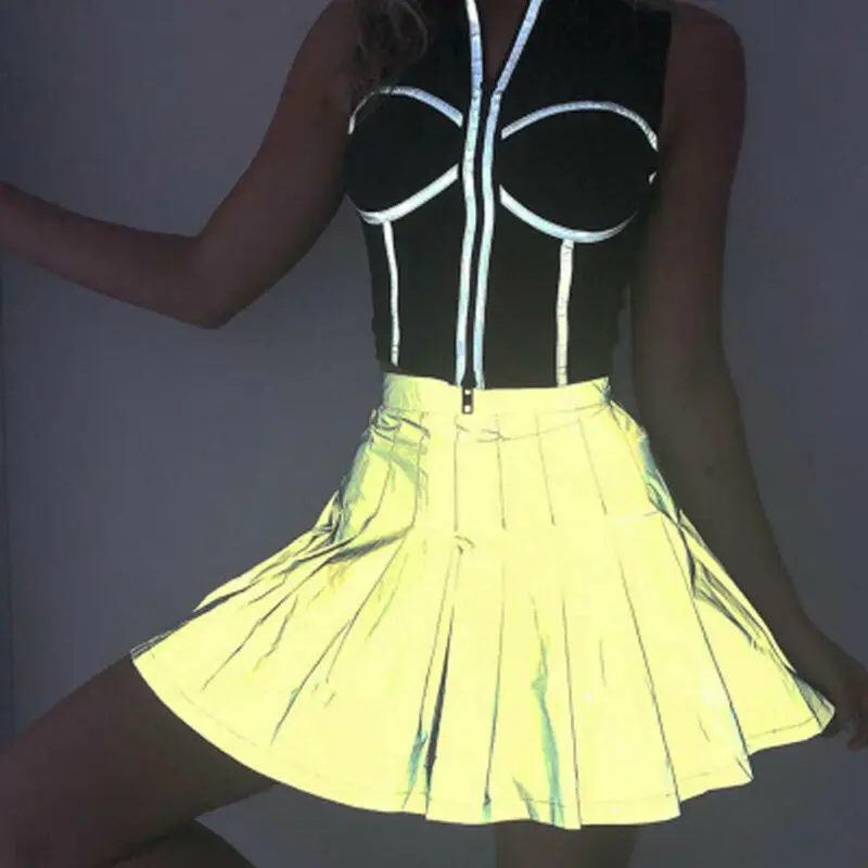 

Reflective Pleated Skirt Women High Waist Sexy Mini Party Bandage Skirt Ladies Summer Causal Neon Green Short Skirts Streetwear