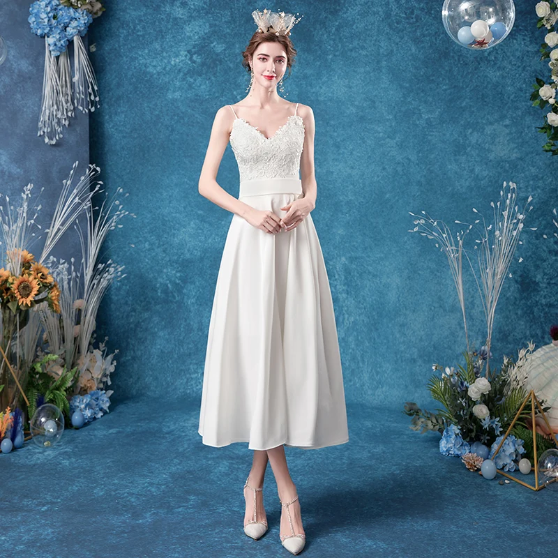 

Beach Wedding Dresses 2020 Cheap Lace Applique Satin Tea Length Spaghetti Strap A Line V Neck Bridal Gowns Wedding Party