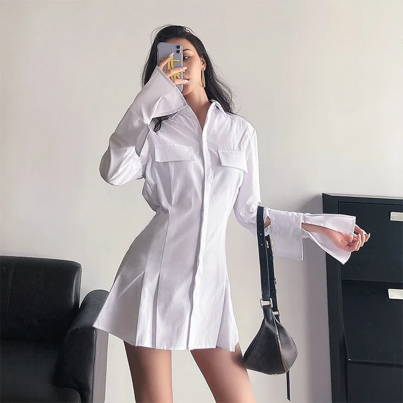 

QWEEK White Collared Dress Shirt Women Office Ladies Blouse Women Solid Tunic Shirt Pocket Cotton Blouses Autumn Green Vestido