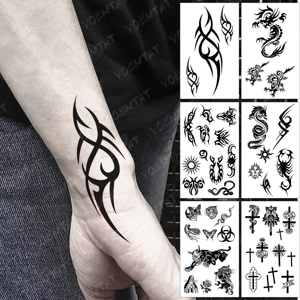 

Waterproof Temporary Tattoo Sticker Linear Totem Black Tattoo Fake Tatoo Arm Hand Leg Tatto Woman Man Child Flash Tattoos