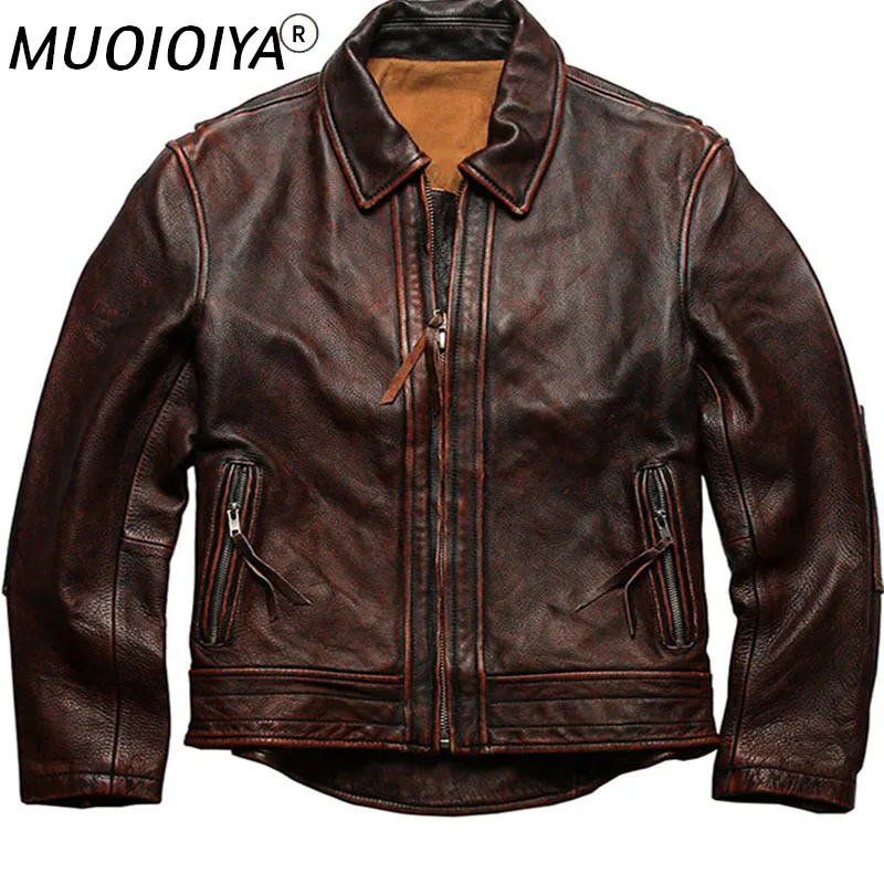 

2021 New Style Genuine Leather Jacket Retro Brown Cowhide Coat Men's Motorcycle Jacket Plus Size 6XL Leather Coat