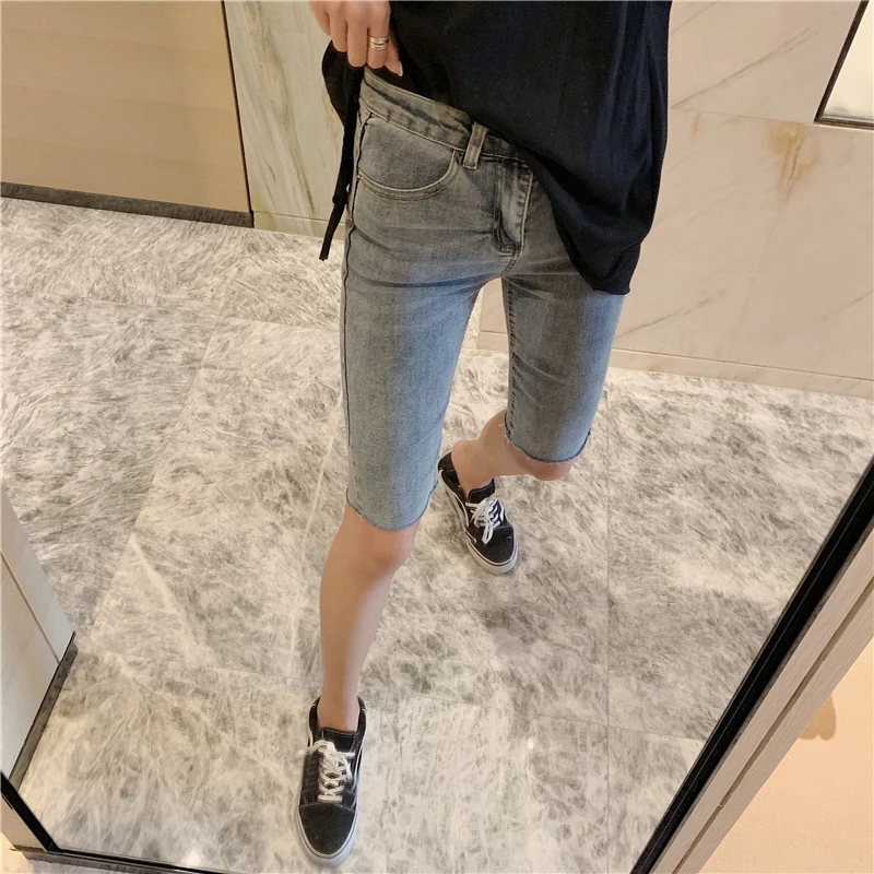 

Летние узкие джинсы с высокой талией для женщин, джинсовые капри до колена, женские брюки, джинсы, брюки до колена