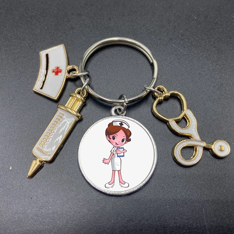 

High / New Style 1 Piece Nurse Medical Syringe Stethoscope Image Keychain Glass Cabochon and Glass Dome Key Ring Pendant Gift