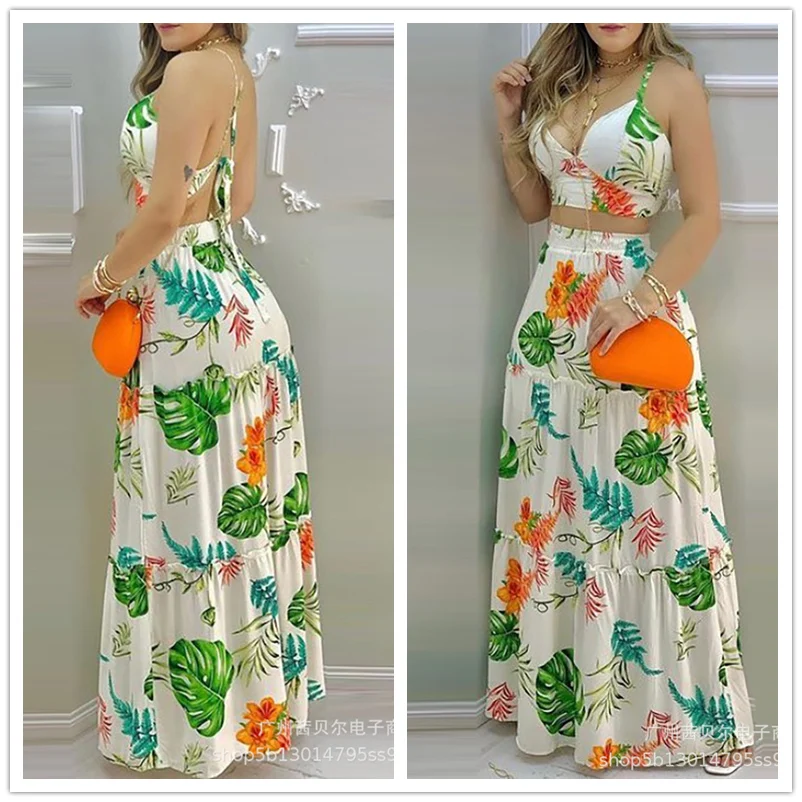 

Женский комплект из двух предметов WEPBEL, элегантный укороченный топ с V-образным вырезом и принтом листьев и длинная юбка с высокой талией и о...