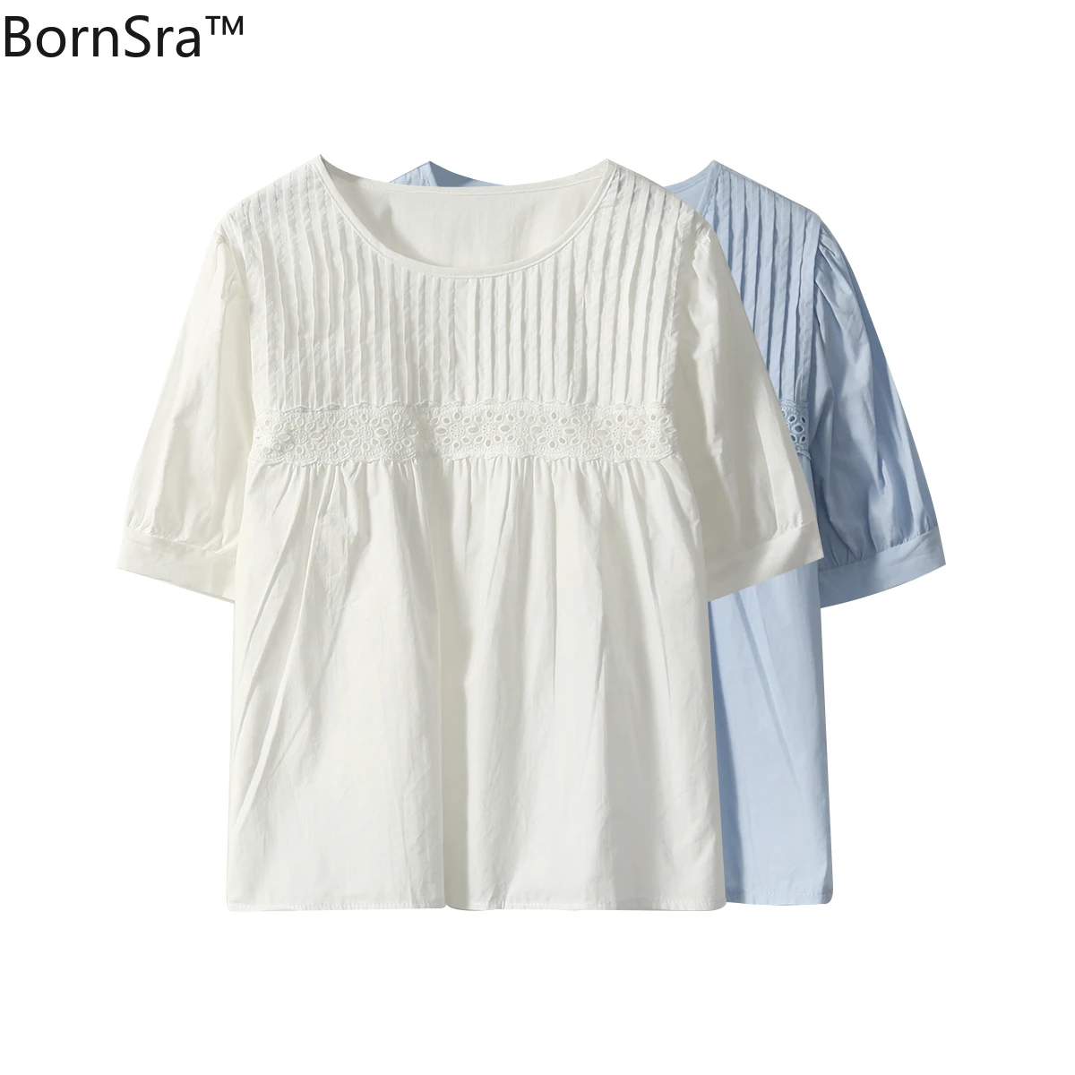 

Bornsra 2020 Summer Puff Sleeve O-Neck Solid Hollow Out Short Knitted Womens Tops and Blouses Cotton Vintage Blouse