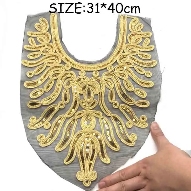 Золотой кружевной воротник Венеция с блестками Цветочная вышитая аппликация