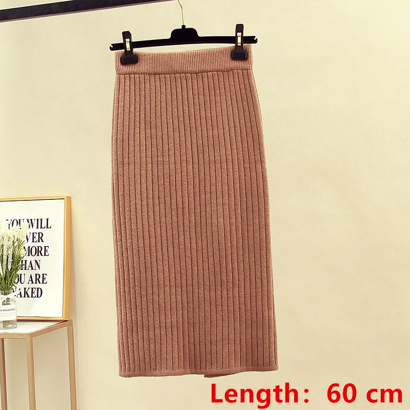 khaki-length 60cm 60-70 см эластичные женские юбки осень зима теплая трикотажная прямая юбка ребристая юбка средней длины черная - Цвет: khaki-length 60cm
